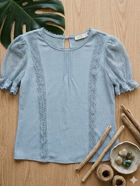 COOKIES CLOTHING Light Blue Lace Trim  Swiss Dot Sheer Puff Sleeve Blouse